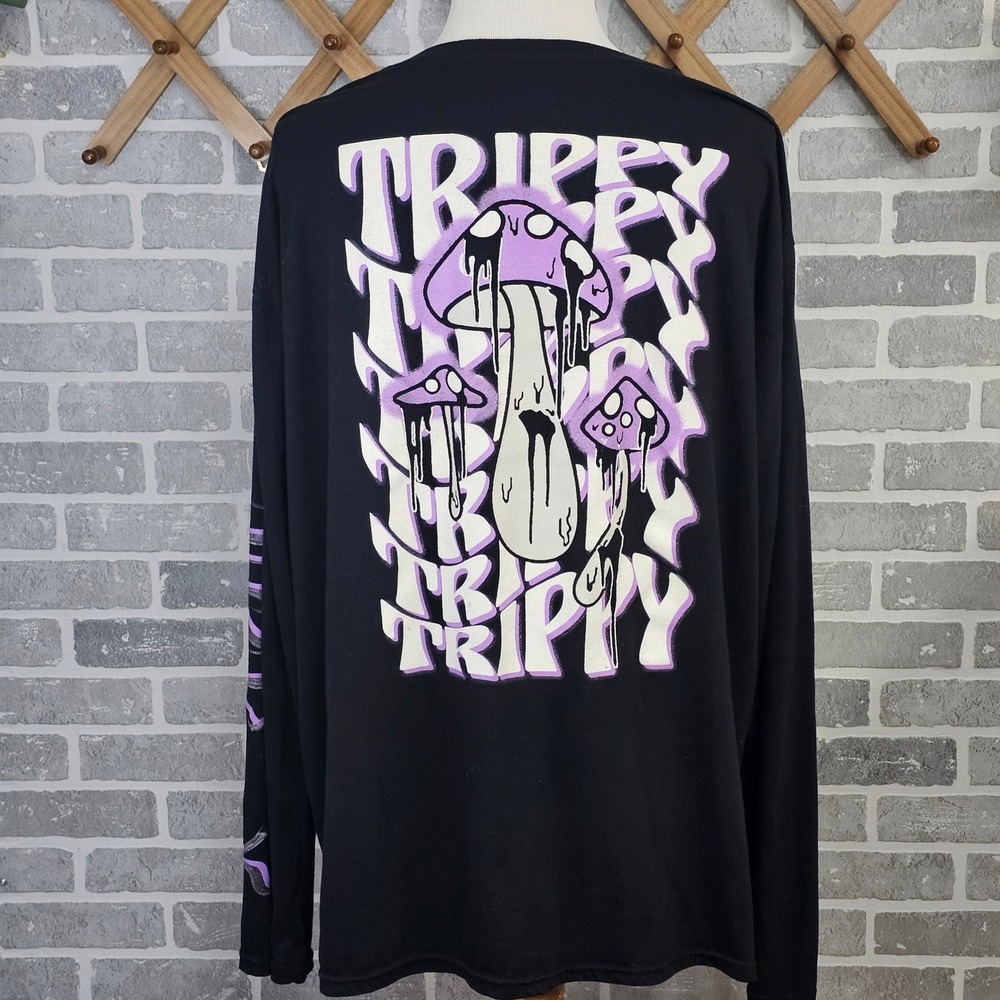 Fresh Laundry Mens 5XL Trippy Mushroom Graphic Long Sleeve T Shirt Black